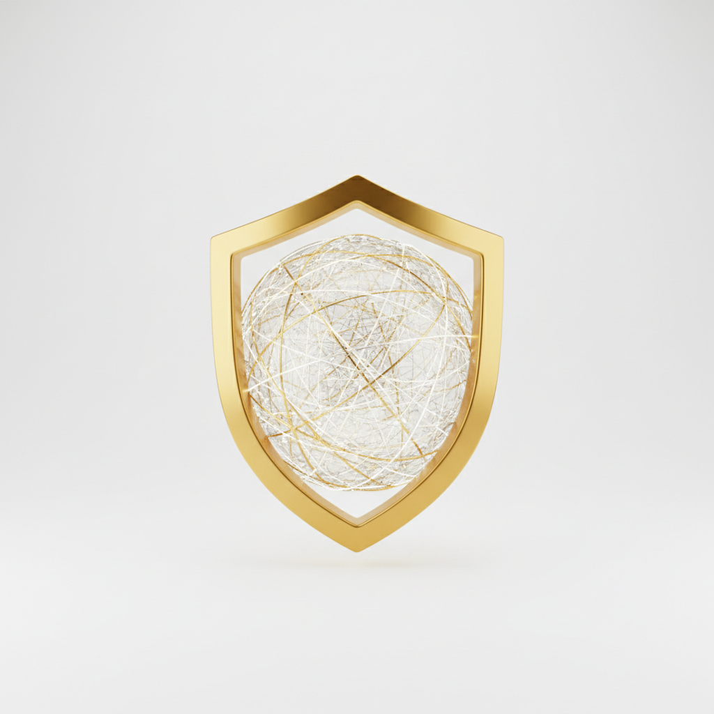 Abstract representation of protection and community, a golden shield merging with a globe, white background, minimalist 3d render