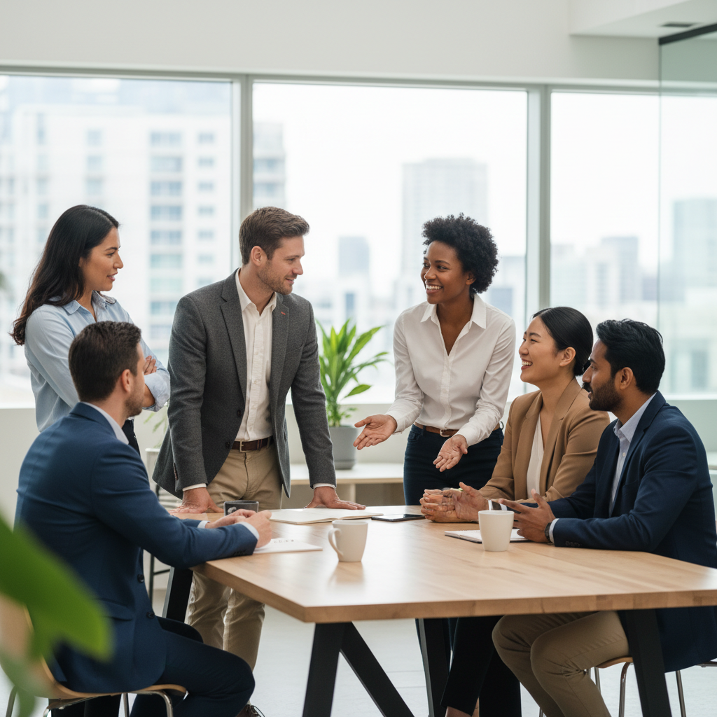 A diverse group of coworkers having a pleasant conversation in a break room or open office, active listening, respectful gestures, realistic photo