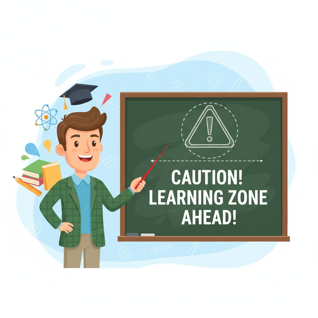 cute vector illustration of a teacher pointing at a blackboard with a warning sign, educational style