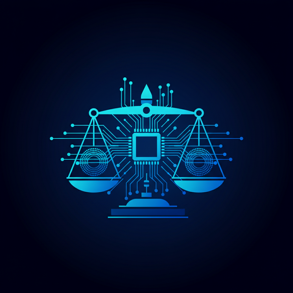 Scales of justice merged with a digital circuit board graphic, dark blue background, minimalist