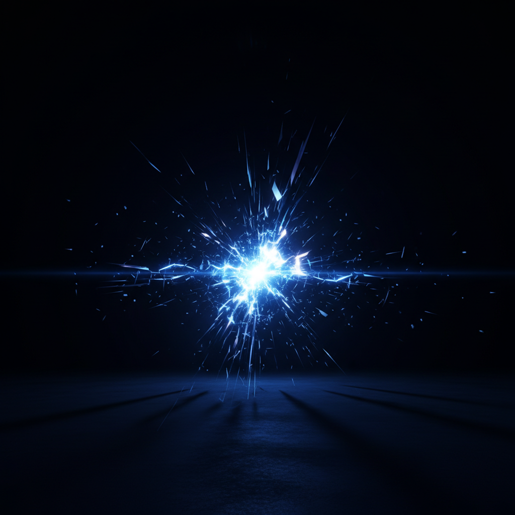abstract concept art of a light spark or flash in a dark room, high contrast, blue accent