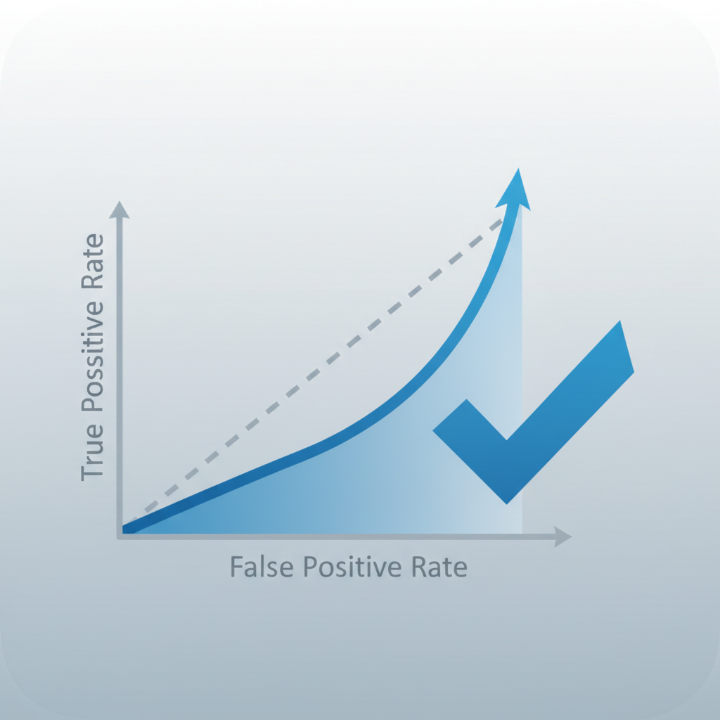 Iconographic illustration of a ROC Curve chart and a checkmark, clean design in blue and grey