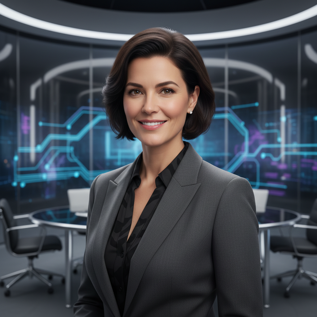 professional headshot of a female tech CEO, confident, wearing a blazer, futuristic office background, high quality