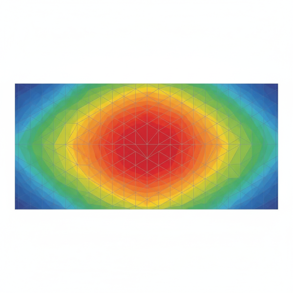 finite element analysis heatmap result of a rectangular steel plate showing red hot center and blue cool edges, engineering simulation graphic
