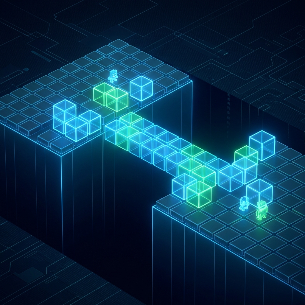 Isometric view of a maze game where a glowing bridge is being built over a gap, digital block style, blue and green neon colors
