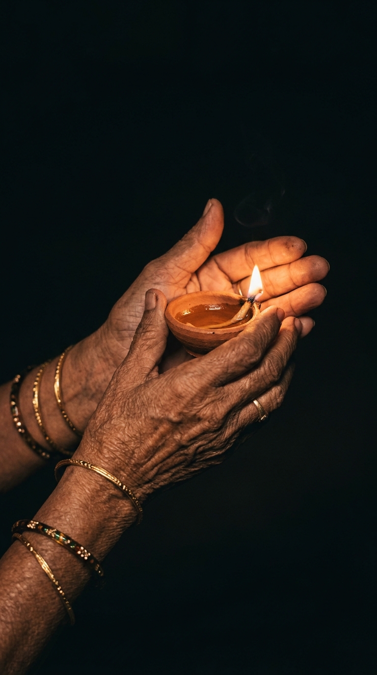 Woman's hands holding diya representing passing of the torch