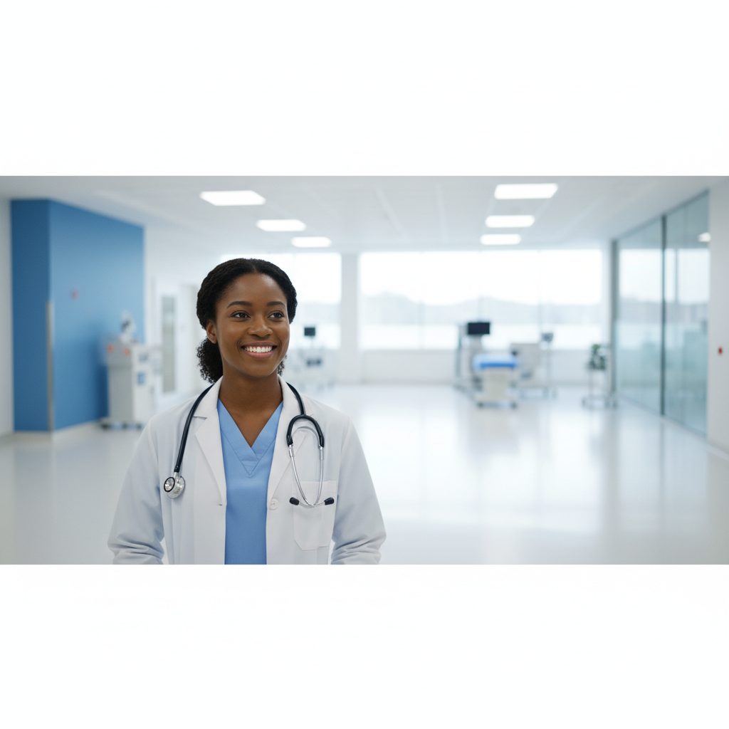 Hopeful image of a Black healthcare professional in a pristine, bright modern hospital setting, white and blue clinical background, daylight, looking forward, optimistic, high quality, photorealistic