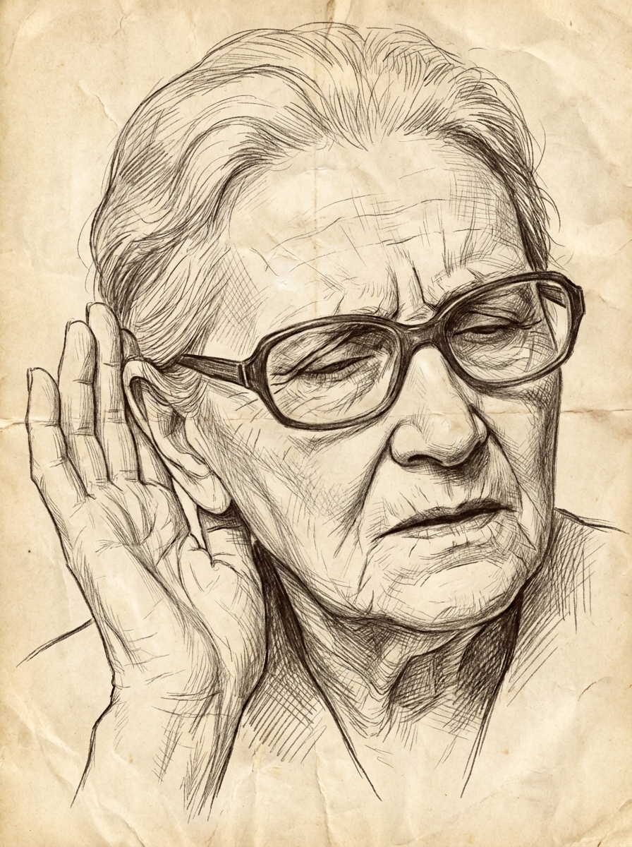 Close up illustration of a blind woman's face, expression of deep listening and suspicion, vintage sketch style, pencil drawing texture
