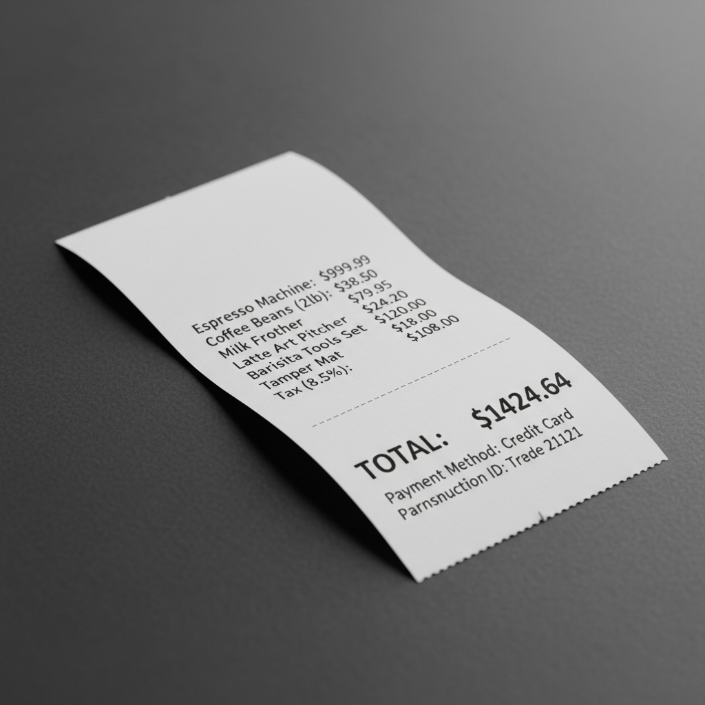 Close up of a receipt showing the total price $1424.64, highly detailed