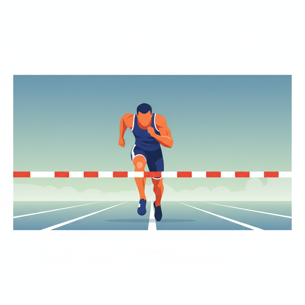 Minimalist vector illustration of a sprinter runner extremely close to the finish line tape but not touching it yet, symbolizing proximity, flat design