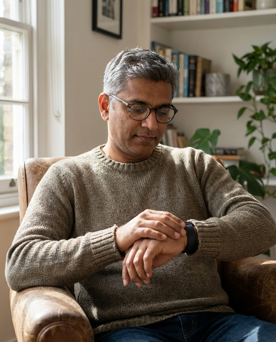 Portrait of a 55-year-old Indian man looking thoughtfully at a smartwatch on his wrist, home setting, natural lighting, realistic style