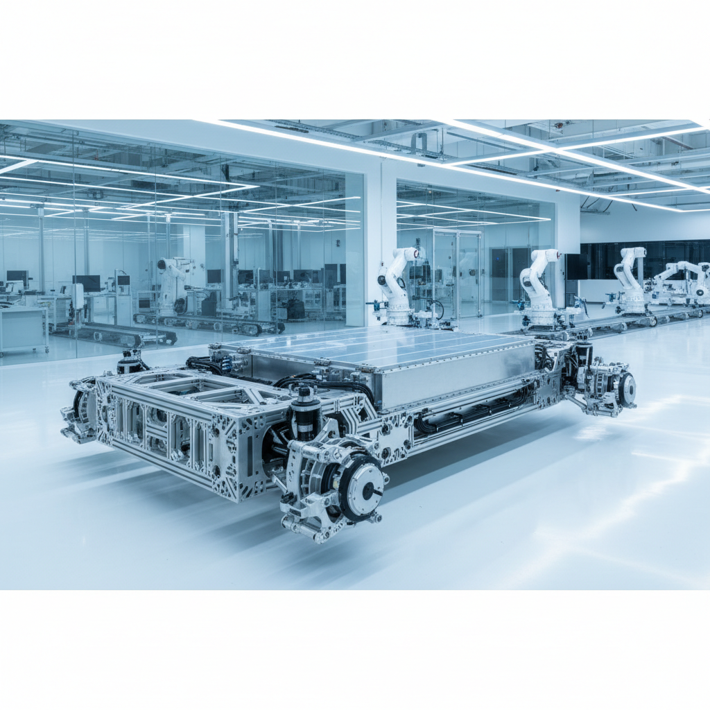 modern electric vehicle chassis made of aluminum, clean high tech factory background, bright lighting, industrial design