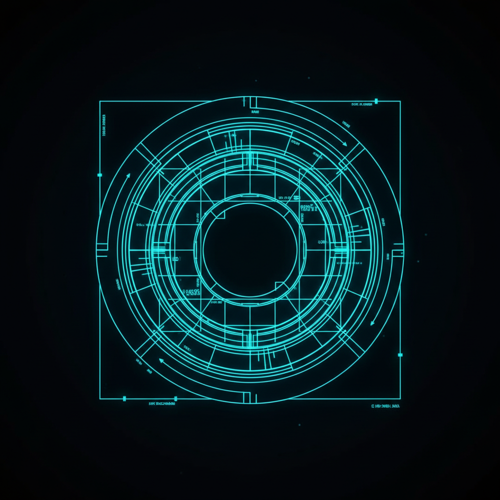 macro close-up of a camera lens sensor schematic, dark background, cyan and neon blue glowing lines, futuristic technical drawing style, wireframe details
