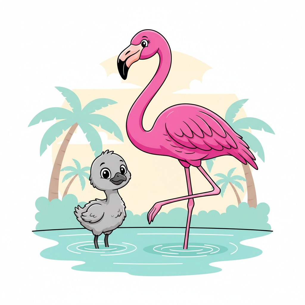 Baby flamingo that is grey next to a bright pink adult flamingo, cartoon style