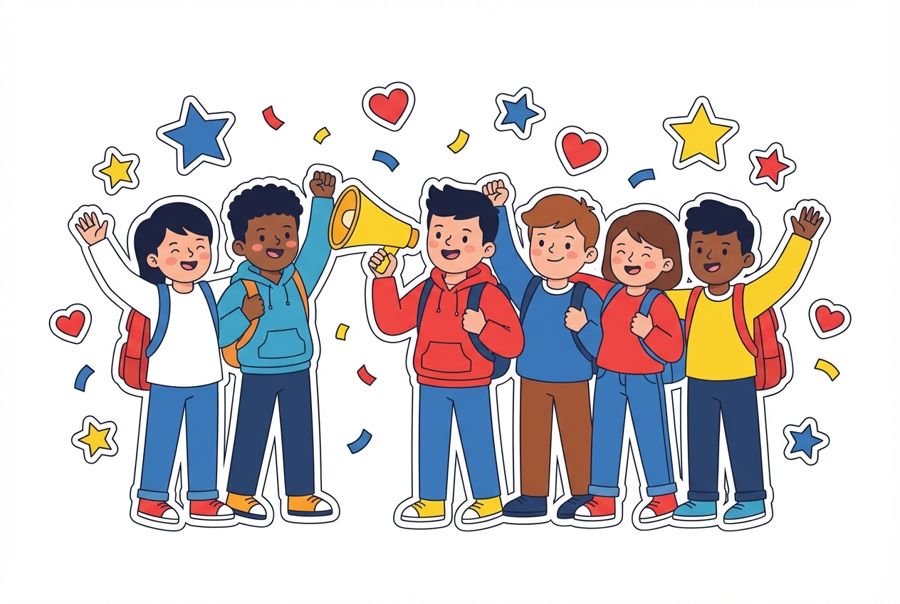 group of cute diverse students cheering, cartoon megaphone, sticker style stars and confetti, white background, vector flat illustration