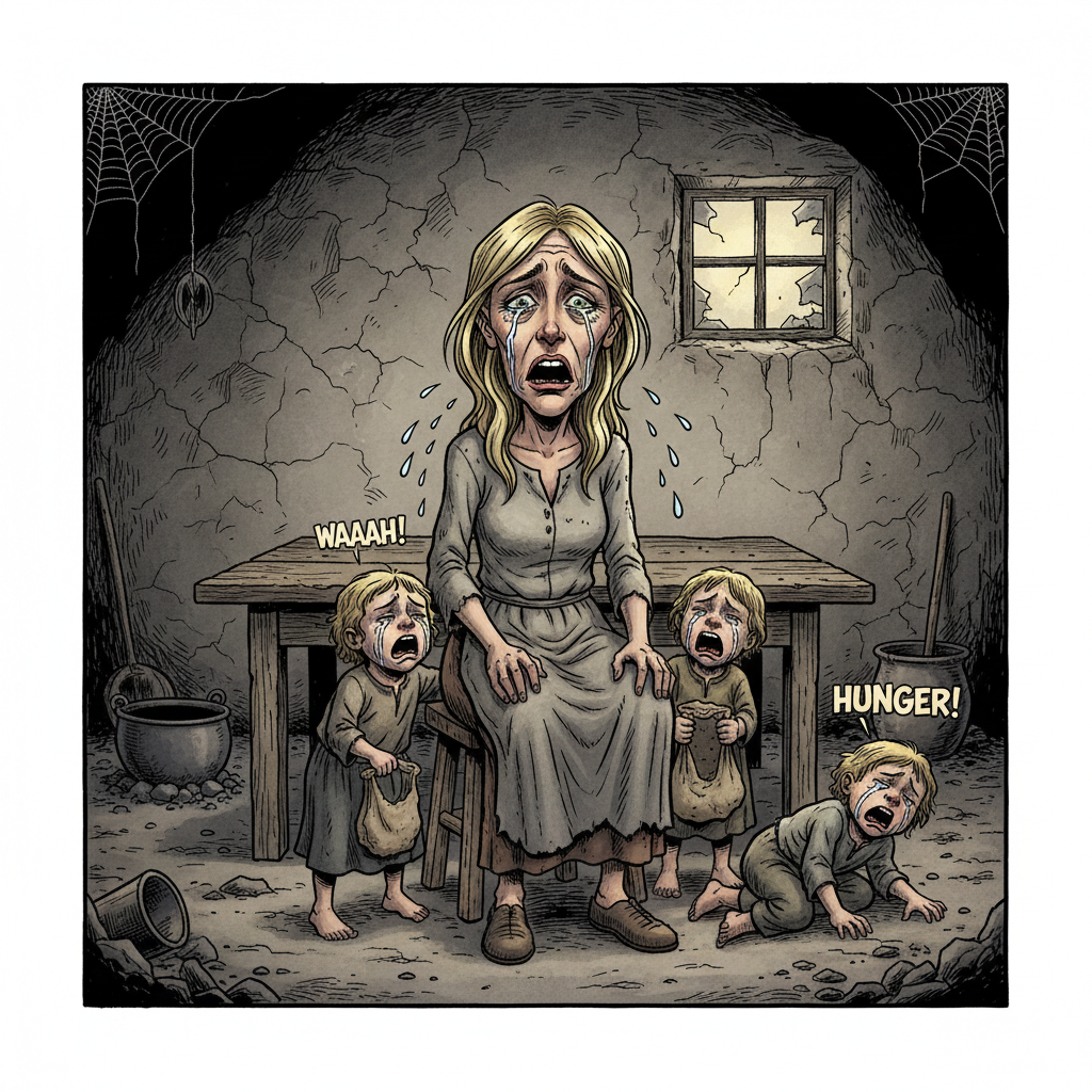 Satirical comic book style. Frontal view. A blonde peasant woman (Brigitte Macron caricature) sitting in front of an empty wooden table in a dark, gloomy 18th century hut. Crying children next to her. Grey and brown tones, dramatic lighting (chiaroscuro) emphasizing hunger and sadness. Exaggerated expressions of misery.
