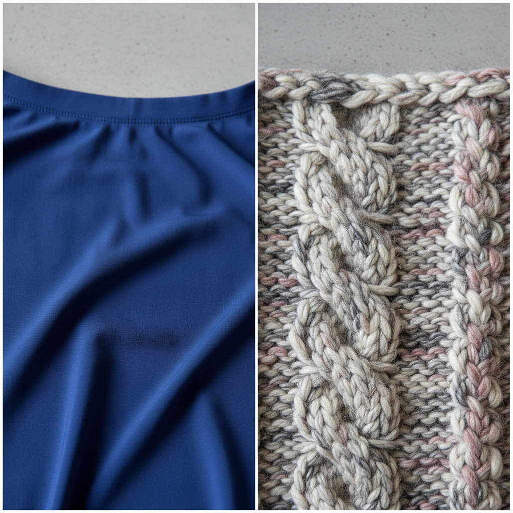 Side-by-side comparison of different fabric textures: sleek swimwear fabric versus textured fashion knitting, high detail photography