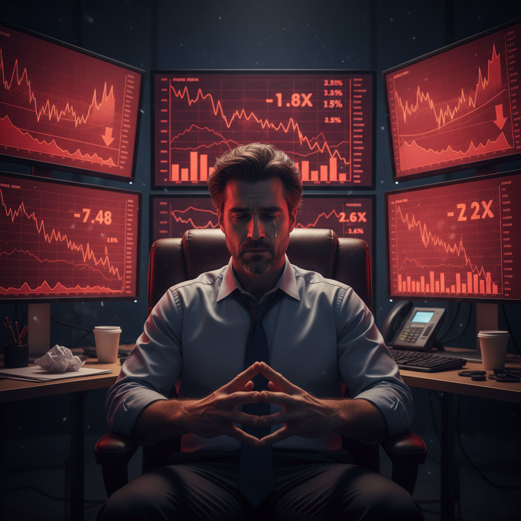 sad stock trader looking at computer screens with red downtrend charts, despair, financial loss, cinematic lighting, photography style