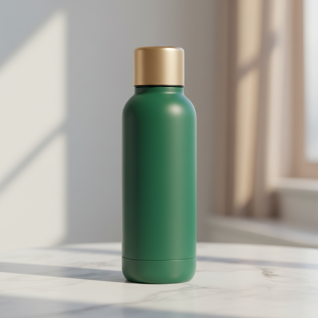 minimalist luxury insulated water bottle, matte emerald green finish with brushed champagne gold cap, standing on a white marble table, cinematic lighting, photorealistic, 8k