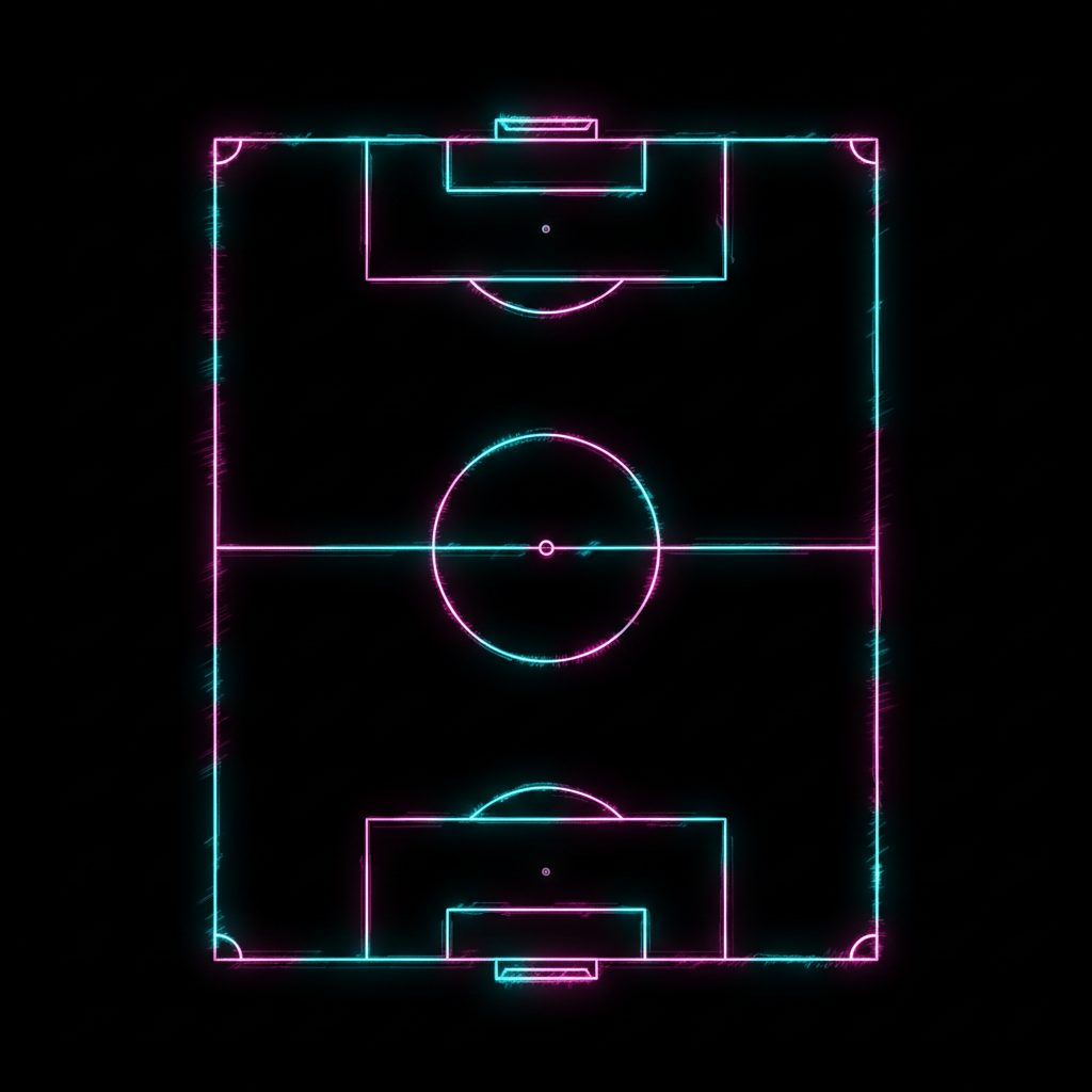 abstract neon light trails forming a soccer field pitch, dark void background, high speed motion blur, cyan and magenta