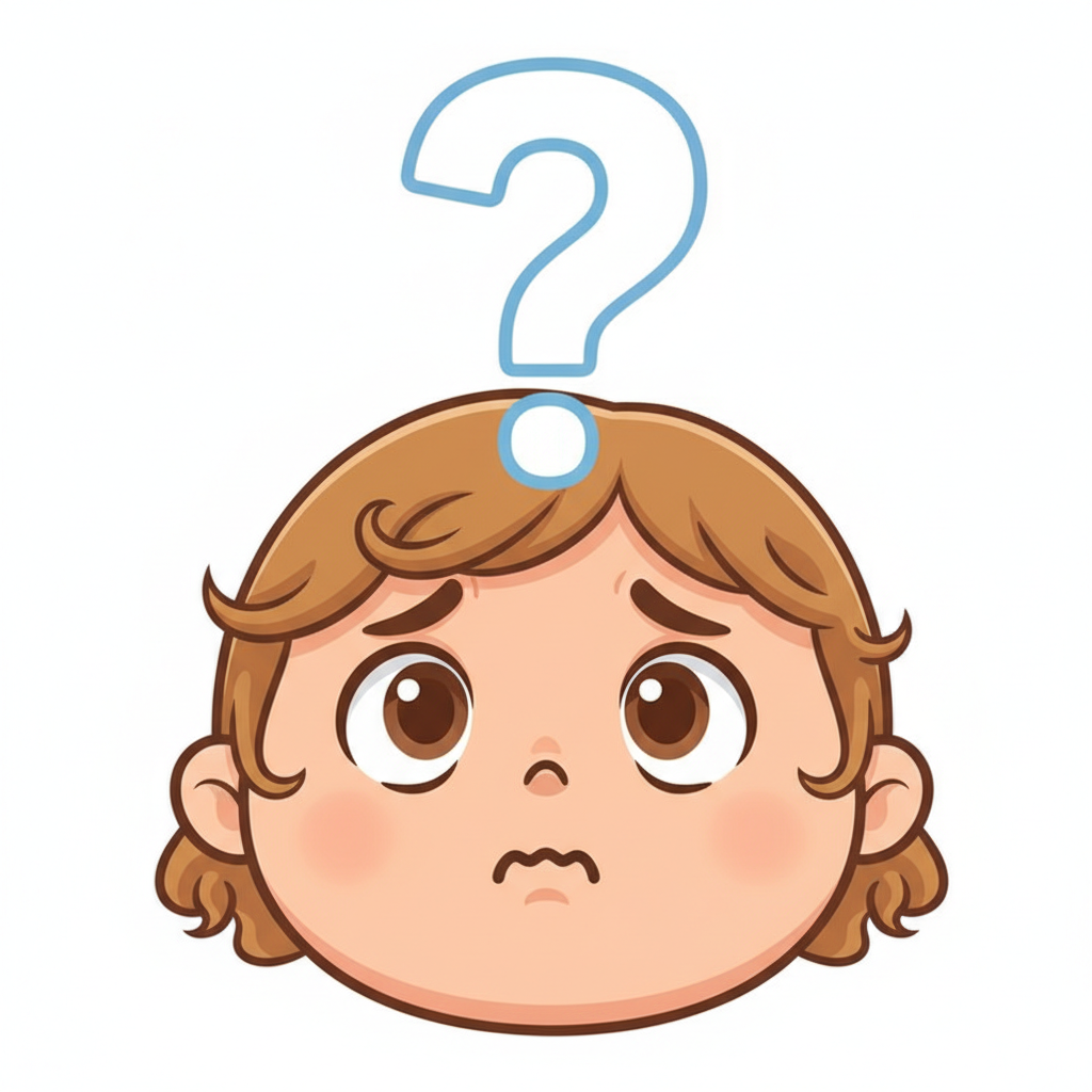 Cute cartoon emoji or child face looking confused and worried with a question mark, clean vector style