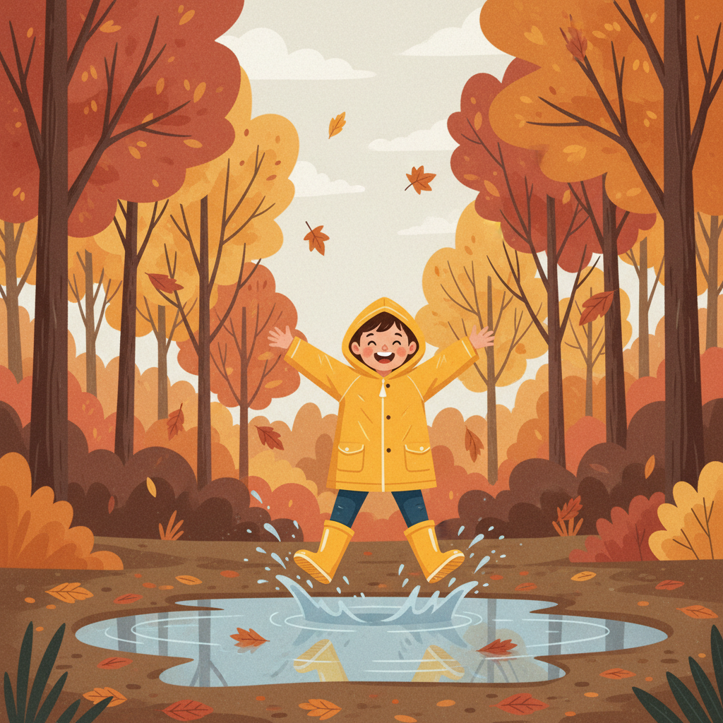 Happy child wearing yellow raincoat and rain boots jumping in a puddle, autumn background with falling leaves, illustration