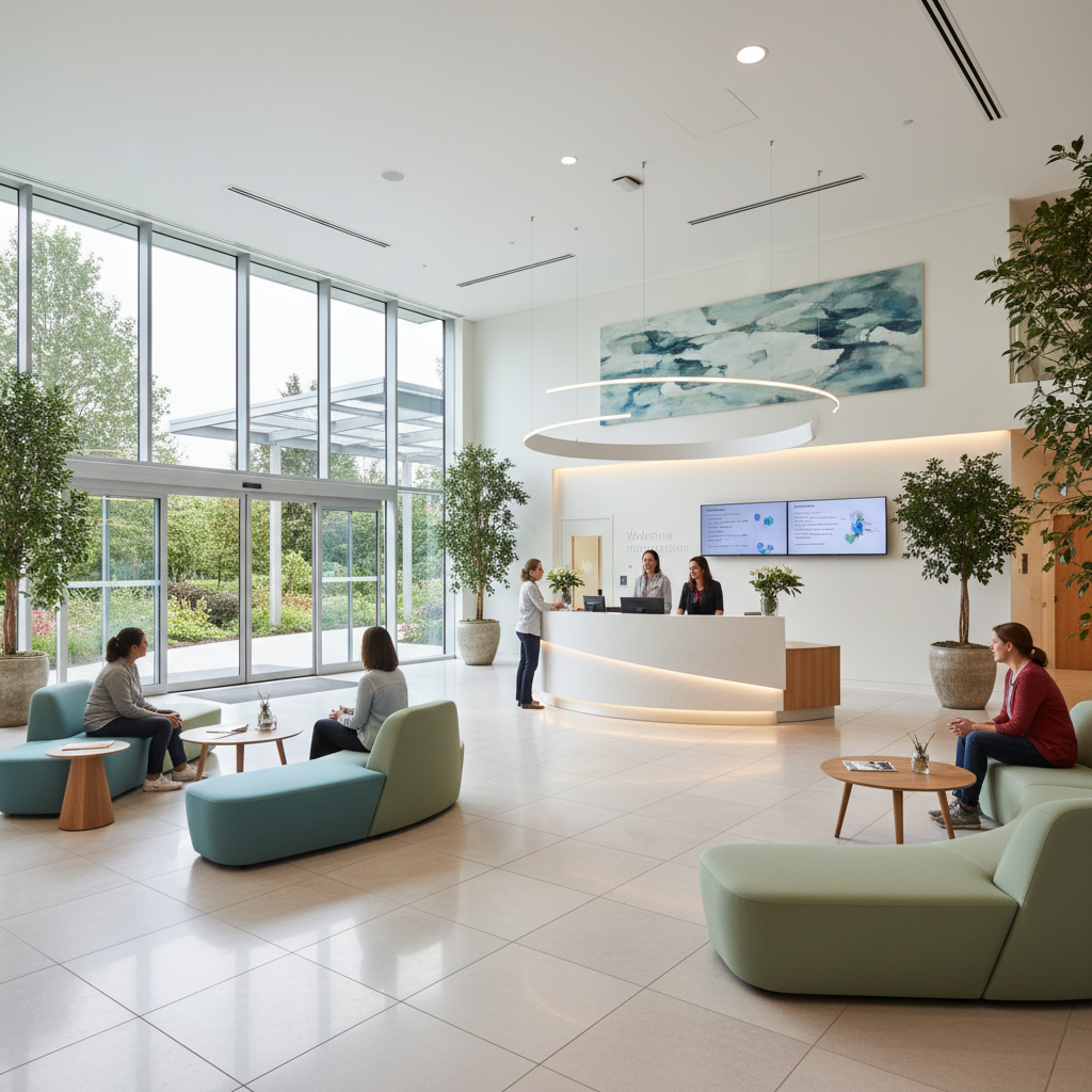 modern hospital waiting room bright clean friendly entrance area