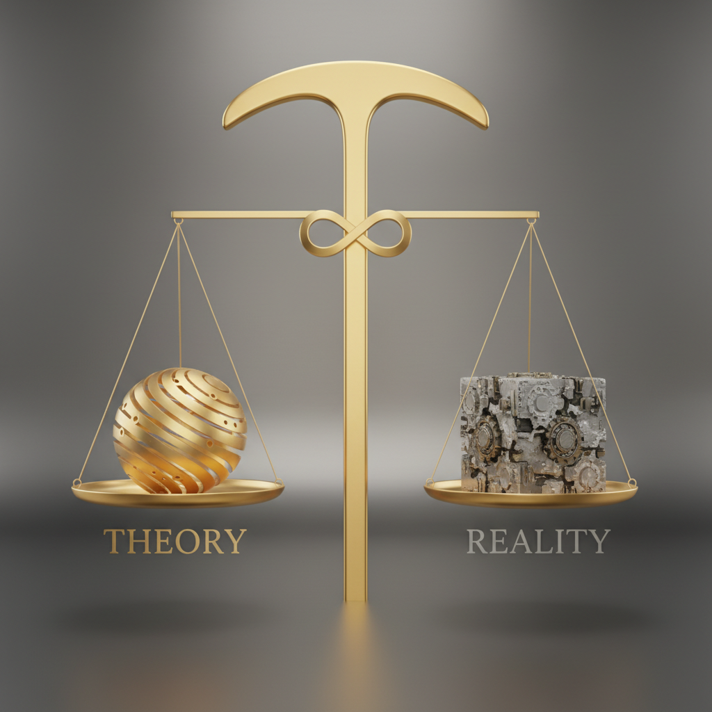 Scales of justice balancing theory and reality, 3d render, minimal grey and gold