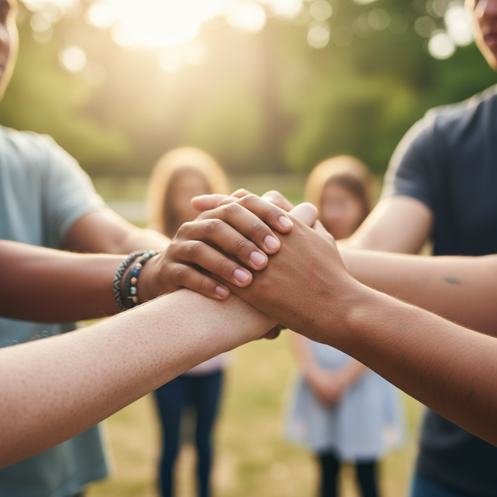 close up of students holding hands in support, diverse group, emotional, supportive, soft focus background