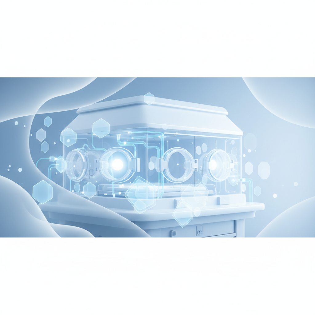 Abstract medical background combining neonatal incubator concepts with soft blue geometric shapes, professional, clean hospital aesthetic