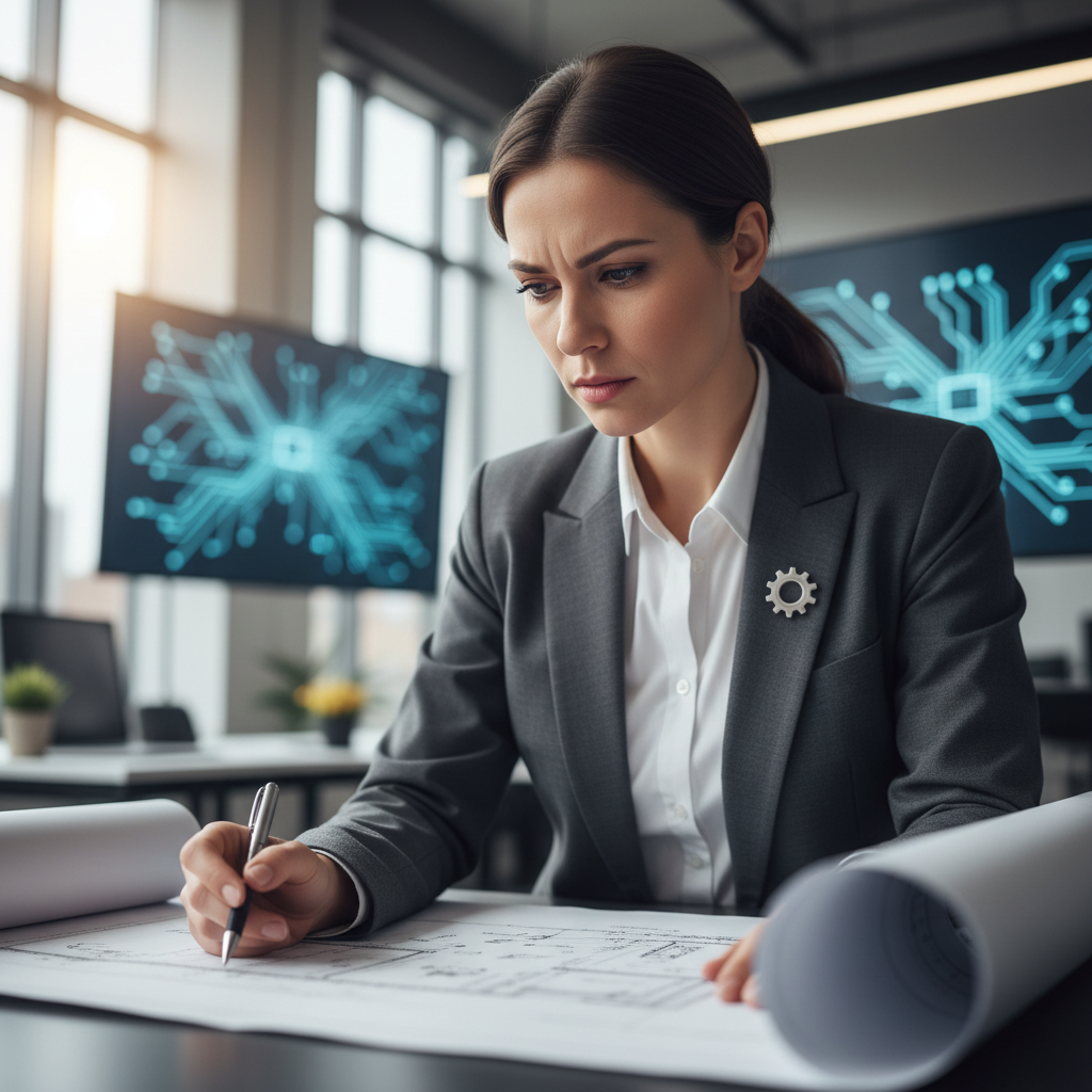 Close up of a focused mechanical engineer looking at a blueprint in a bright modern office, slight shallow depth of field, professional corporate style