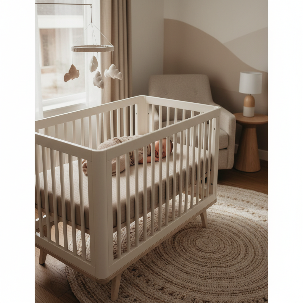 peaceful sleeping newborn in a safe modern beige crib nursery setting