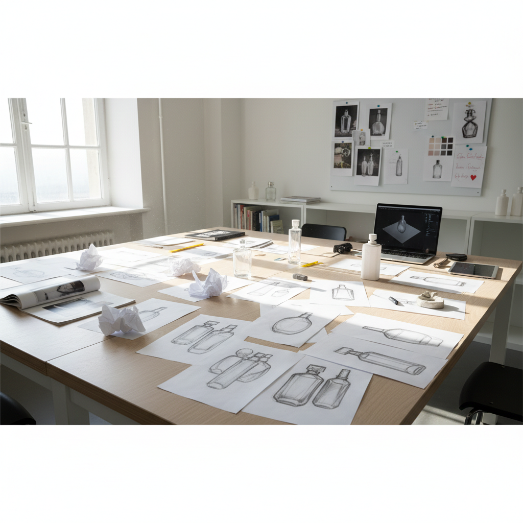 Design studio, sketches of bottles on table, bright light, creative atmosphere