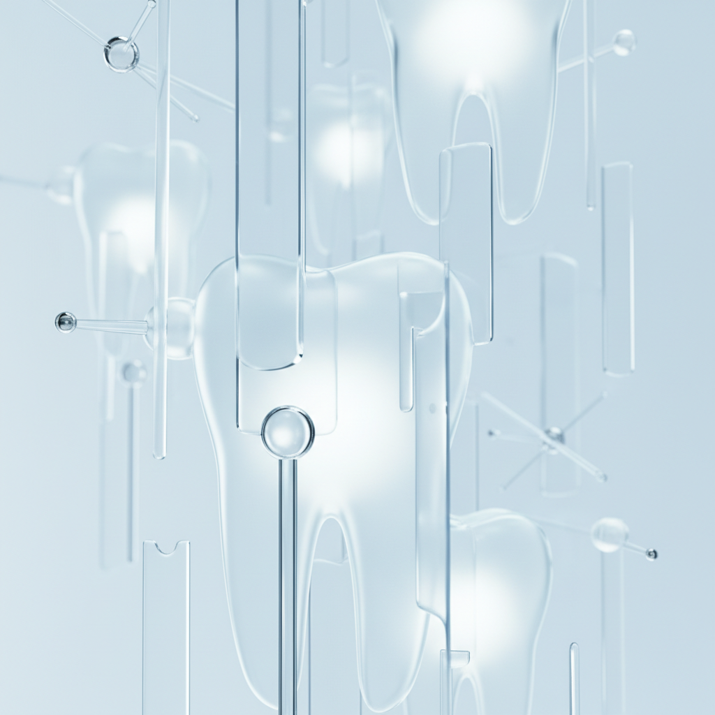 abstract futuristic medical technology background, dental concept, light blue and white color palette, clean geometric lines, high quality render, 3d, soft lighting