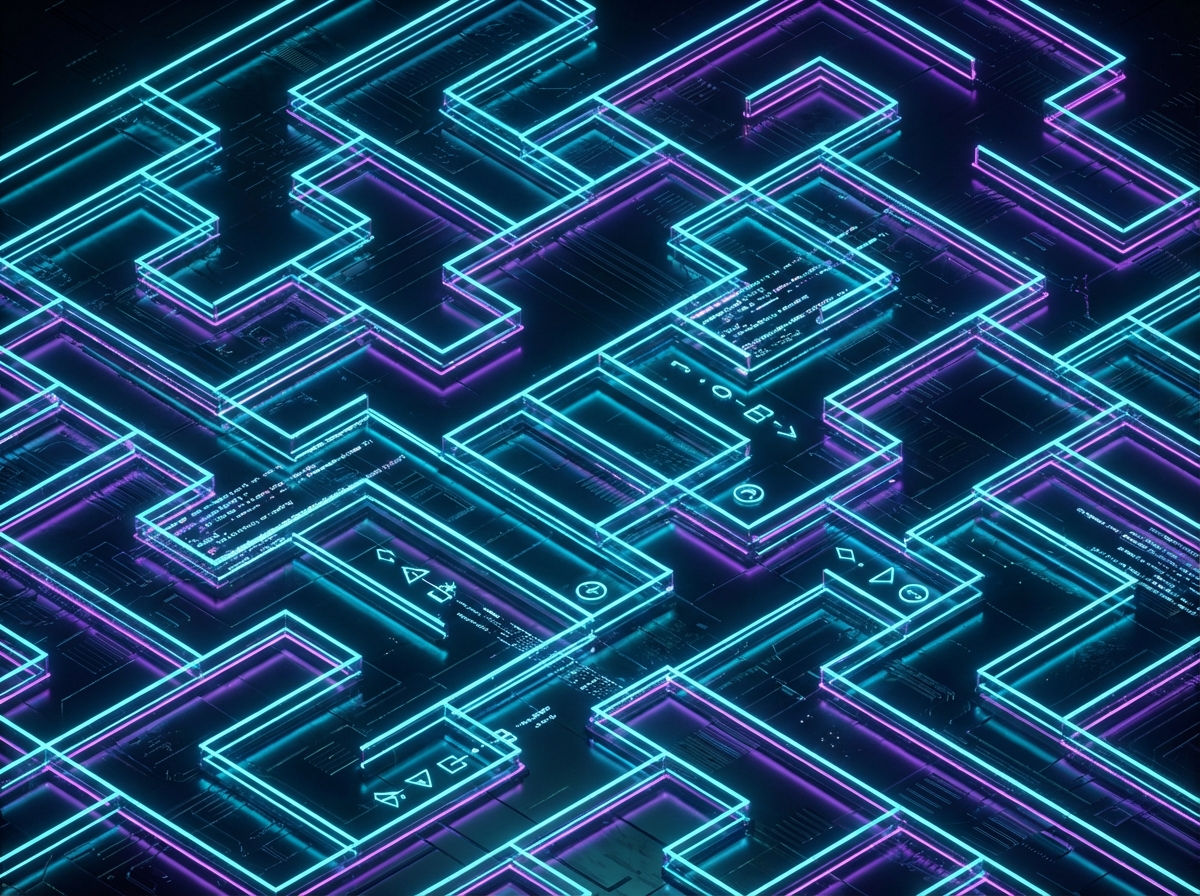 Cinematic 3D render of a neon glowing maze grid on a dark surface, isometric view, digital logical game concept, cyan and purple lighting, high tech style