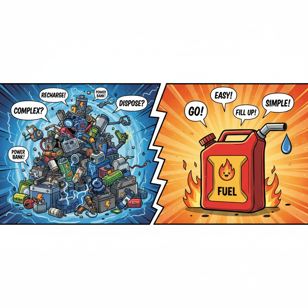 Comic style illustration splitting the screen: Heavy complex battery pile vs a simple can of fuel, comparison concept, fun style