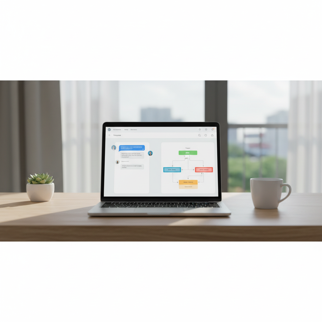 A modern clean workspace with a laptop screen showing a chat interface and automation tools, minimalist photography