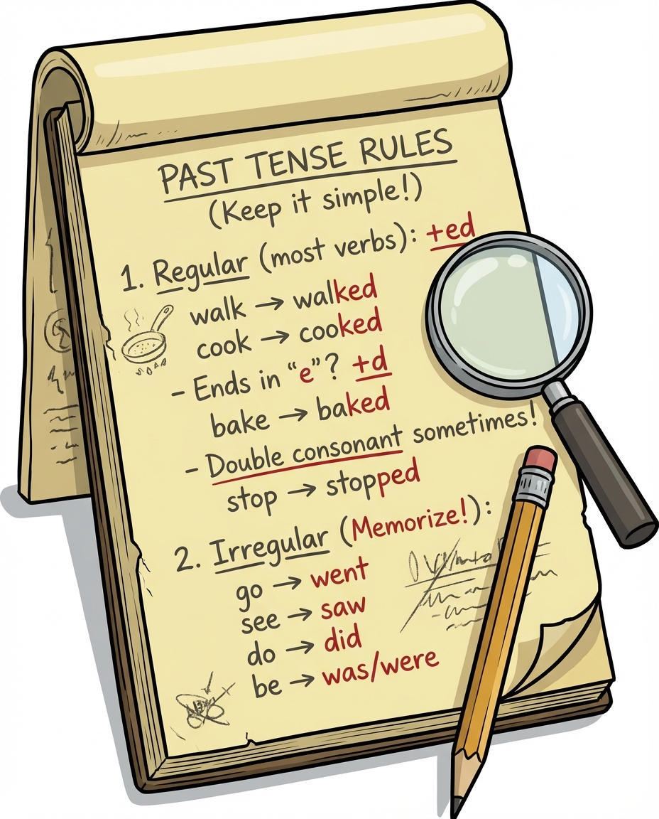 A detective notepad with handwritten grammar spelling rules for past tense verbs, cartoon vector