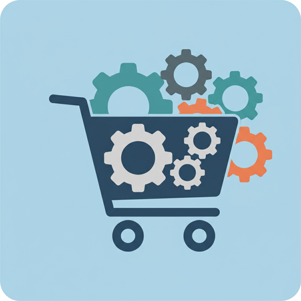 icon representing procurement or shopping cart with industrial gears, flat filled style, simple