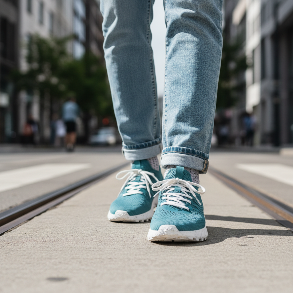 Lifestyle photography of a person wearing teal and white sustainable sneakers walking down a city street, low angle shot