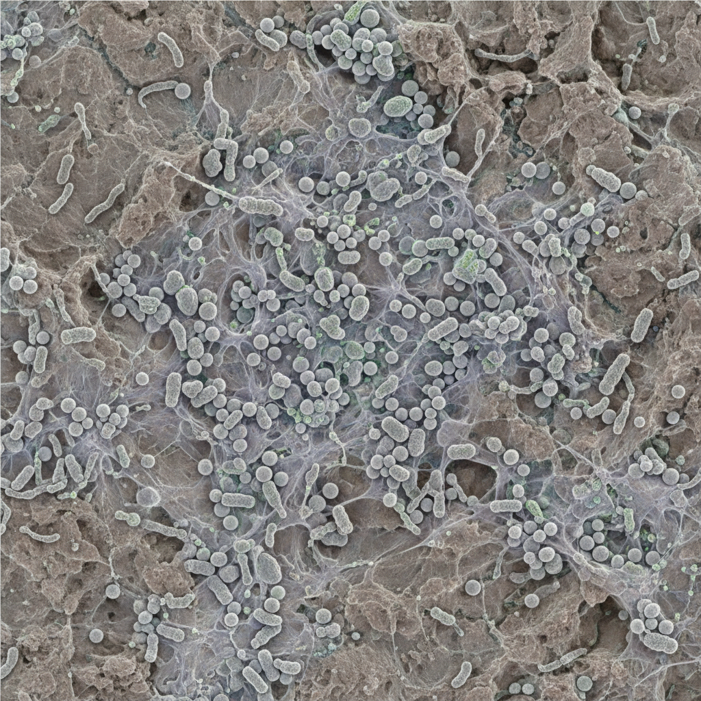 Microscopic view of biofilm bacteria attached to rock surface, scanning electron microscope style, scientific render