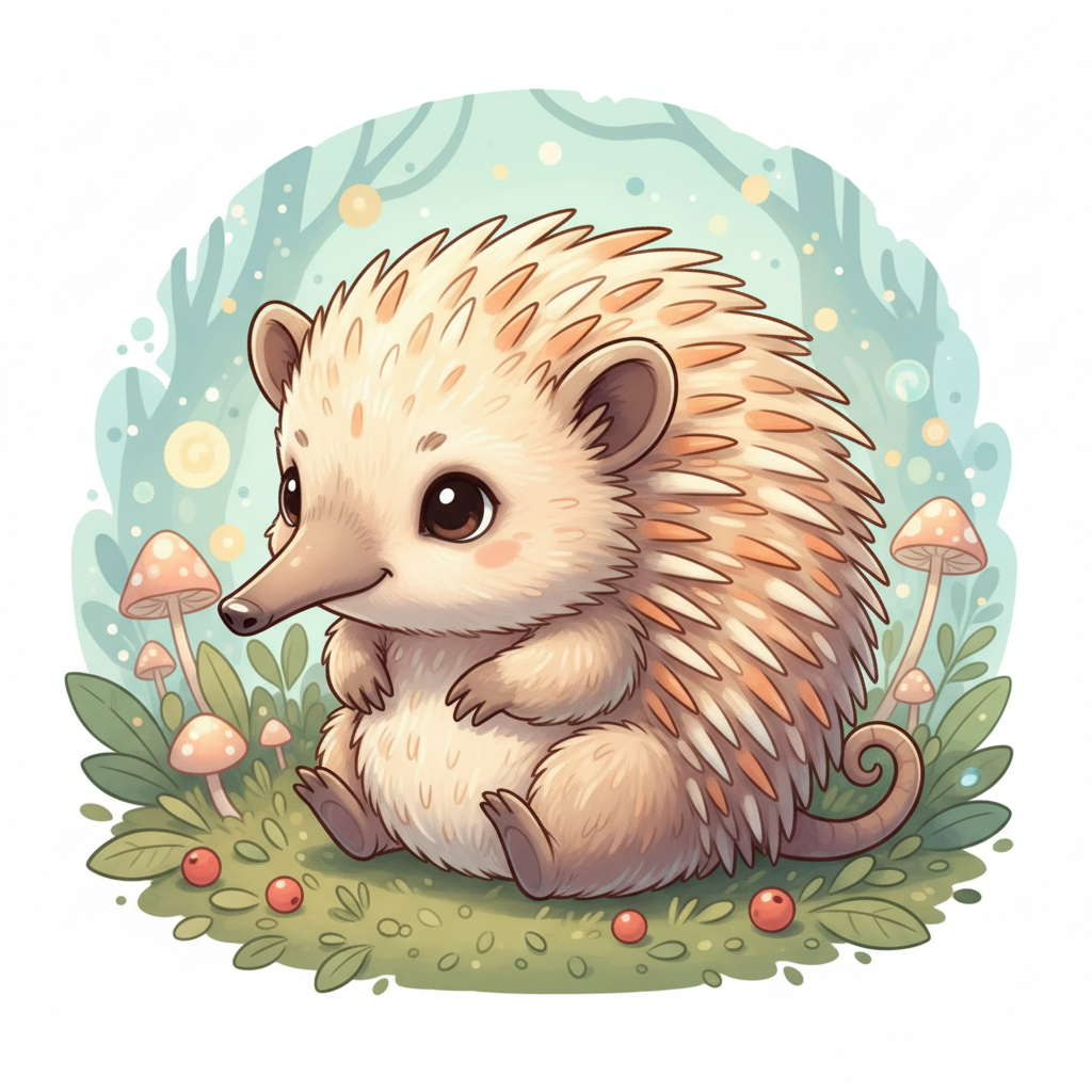 Cute baby echidna (puggle) illustration, soft spikes, cartoon style