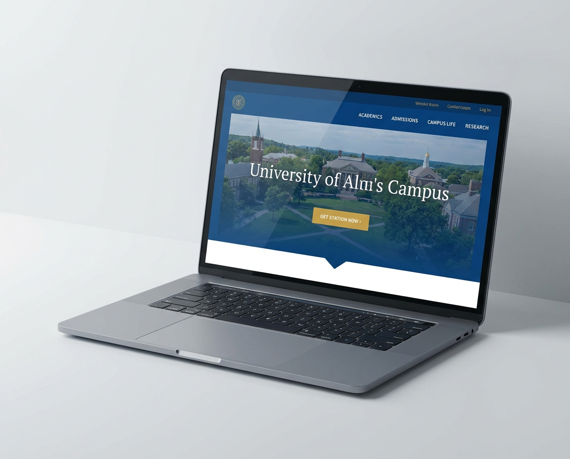 modern laptop showing university website interface, clean minimalist design, blue and gold color scheme, 3D render style