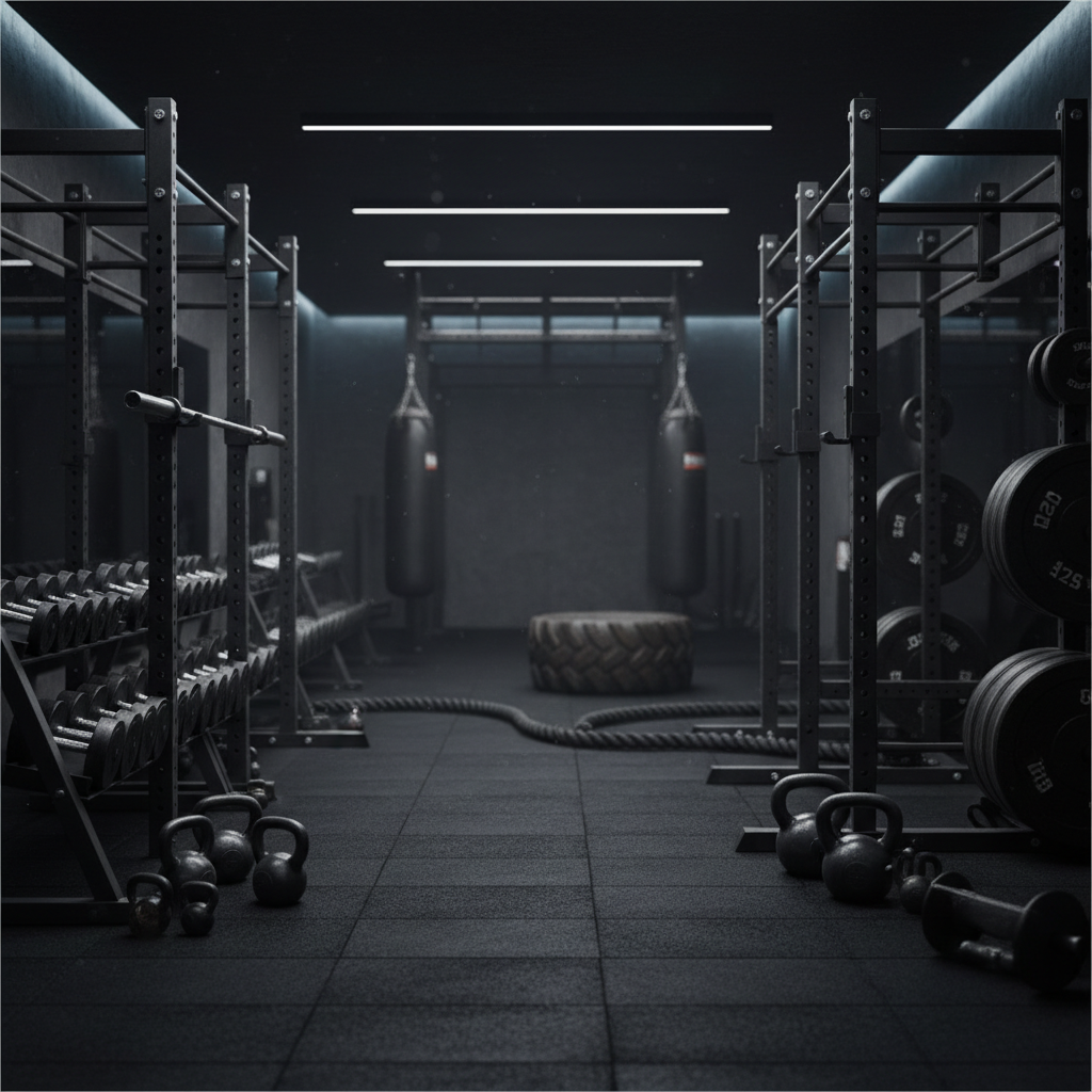 dark moody gym interior with weights and equipment, serious athletic atmosphere