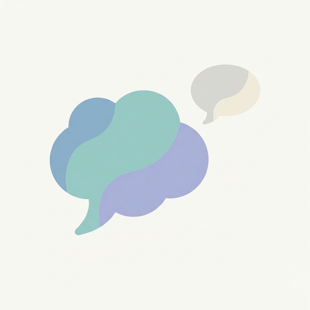 Illustration of speech bubbles, one constructed with soft rounded edges and calm colors, avoiding sharp spikes, minimalist style
