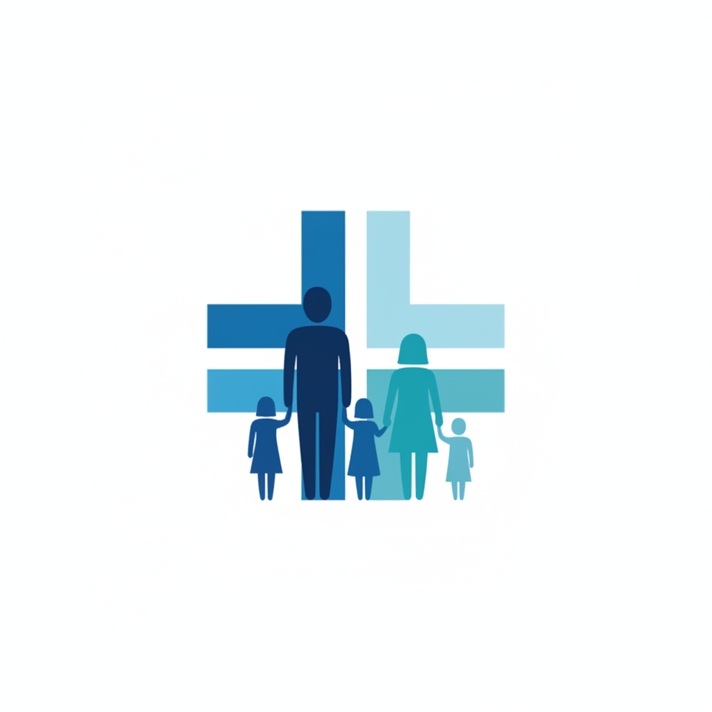 flat vector illustration of a diverse family group silhouette standing together against a clean medical cross background, blue and teal color palette, minimalist style