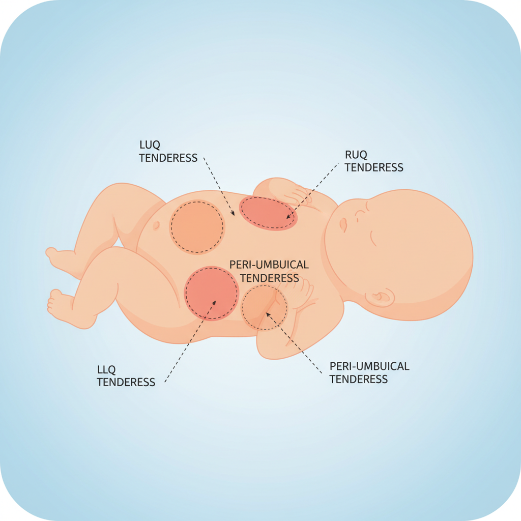 Medical illustration of a neonate with abdominal distension focus, gentle schematic style, indicating zones of tenderness