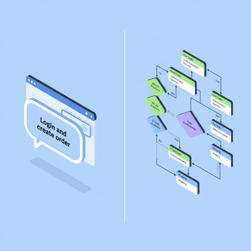 Side by side comparison. Left side: Chat bubble with text 'Login and create order'. Right side: Complex flowchart automically generated. Isometric vector style.