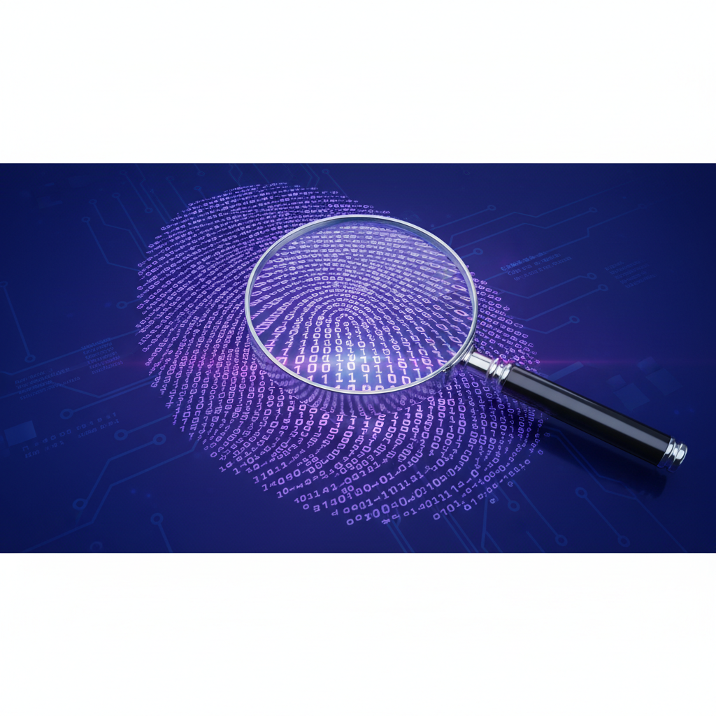 3D illustration of a magnifying glass scanning a fingerprint made of binary code, purple and dark blue tones