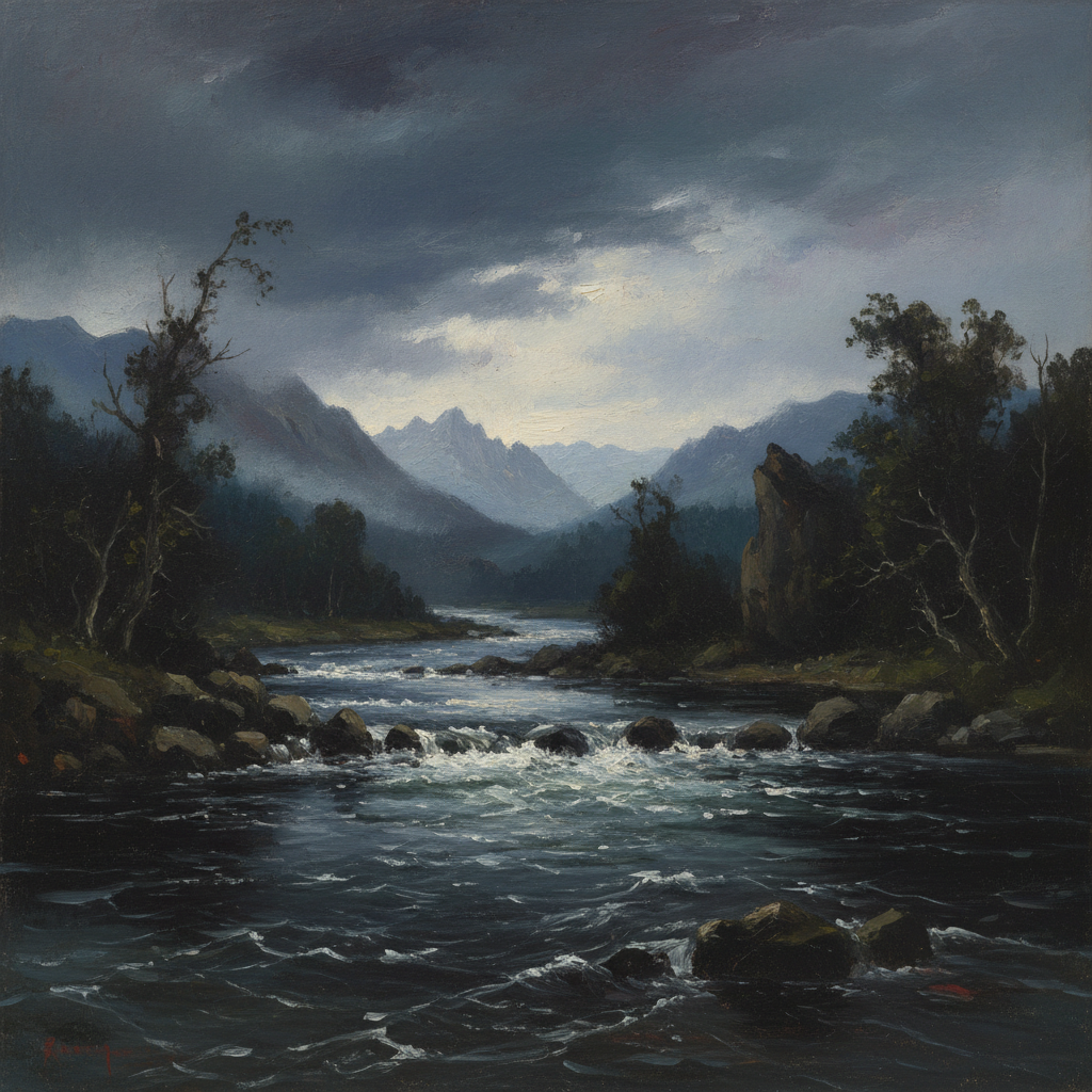 wide river Don turbulent water dark moody atmosphere landscape painting style